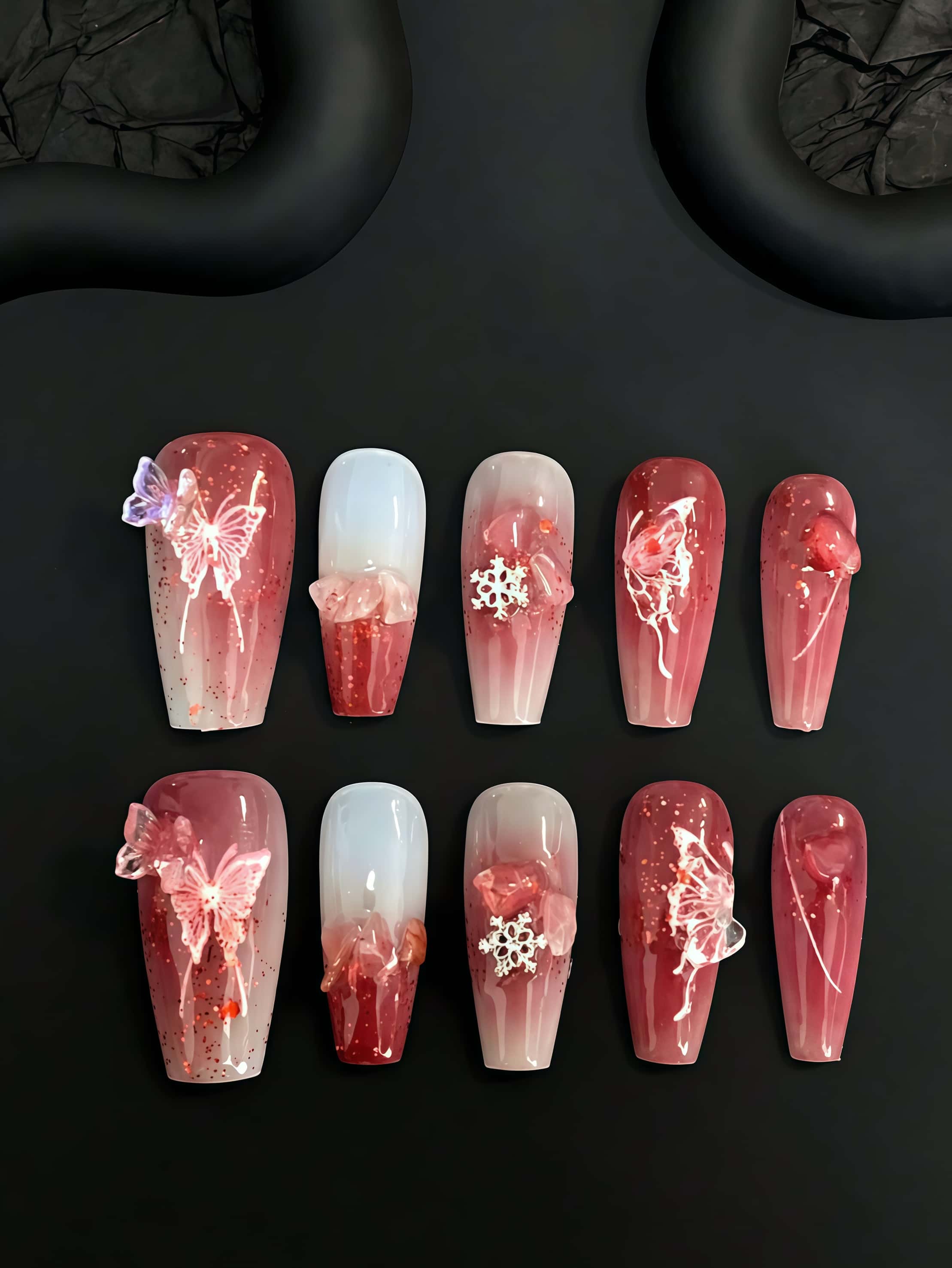 Nail Art Burgundy - 10 Pieces of Handmade Wearable Nail