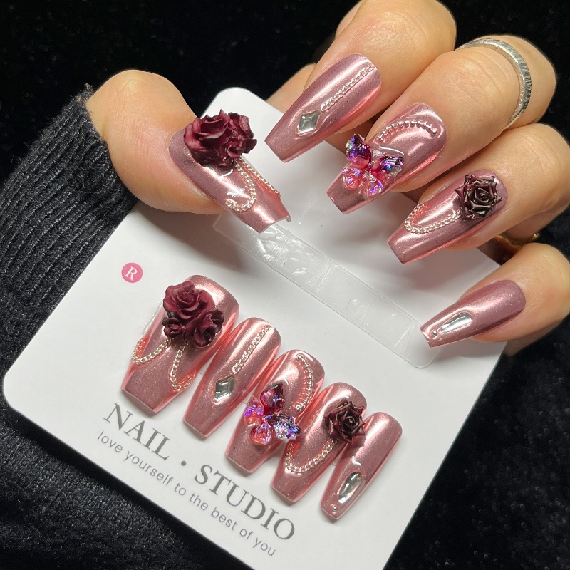 10PCS Rose Gold Press on Nails - Nail Art Burgundy review and price